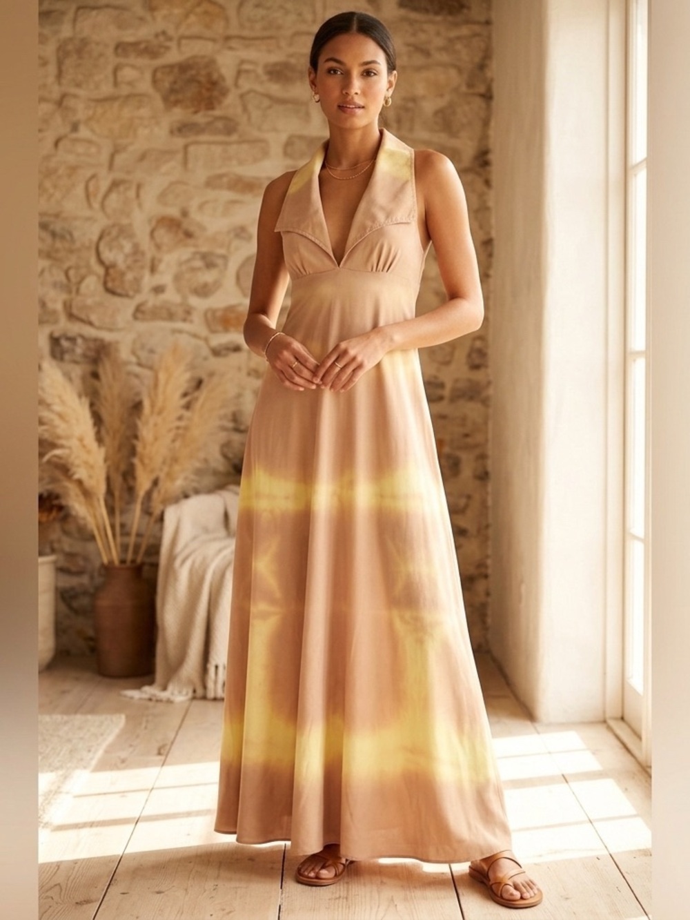Beige and Yellow Collared V Neck Maxi Dress Coastal European Summer